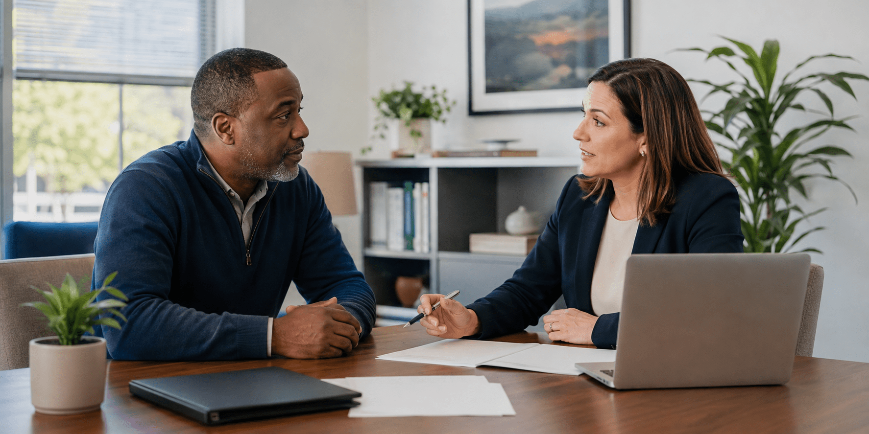 A Maryland consumer reviewing health coverage options after a job loss with an insurance agent