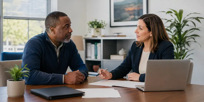 A Maryland consumer reviewing health coverage options after a job loss with an insurance agent