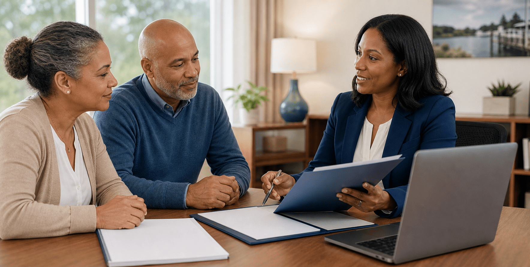 A Maryland couple reviewing an organized health insurance checklist with a licensed agent