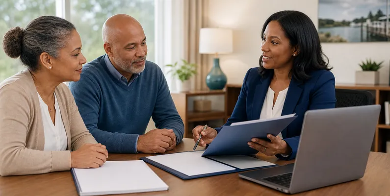 A Maryland couple reviewing an organized health insurance checklist with a licensed agent
