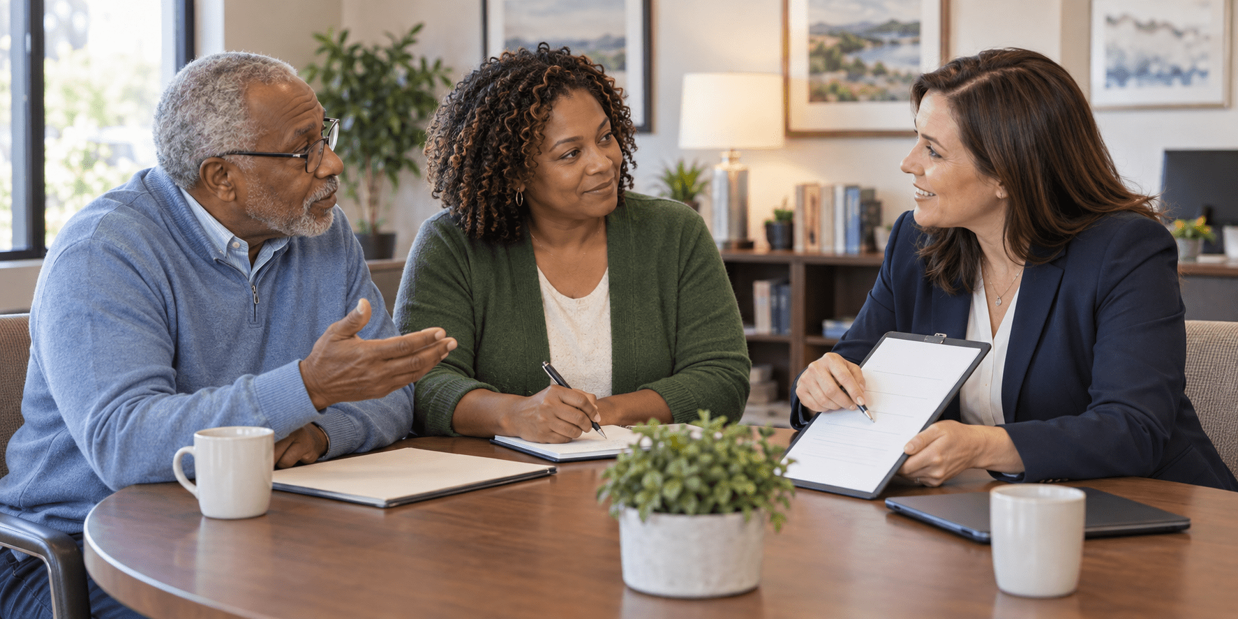 An older Maryland adult and family member asking an insurance agent questions before a Medicare plan review