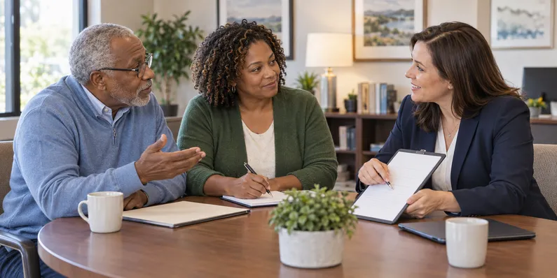 An older Maryland adult and family member asking an insurance agent questions before a Medicare plan review