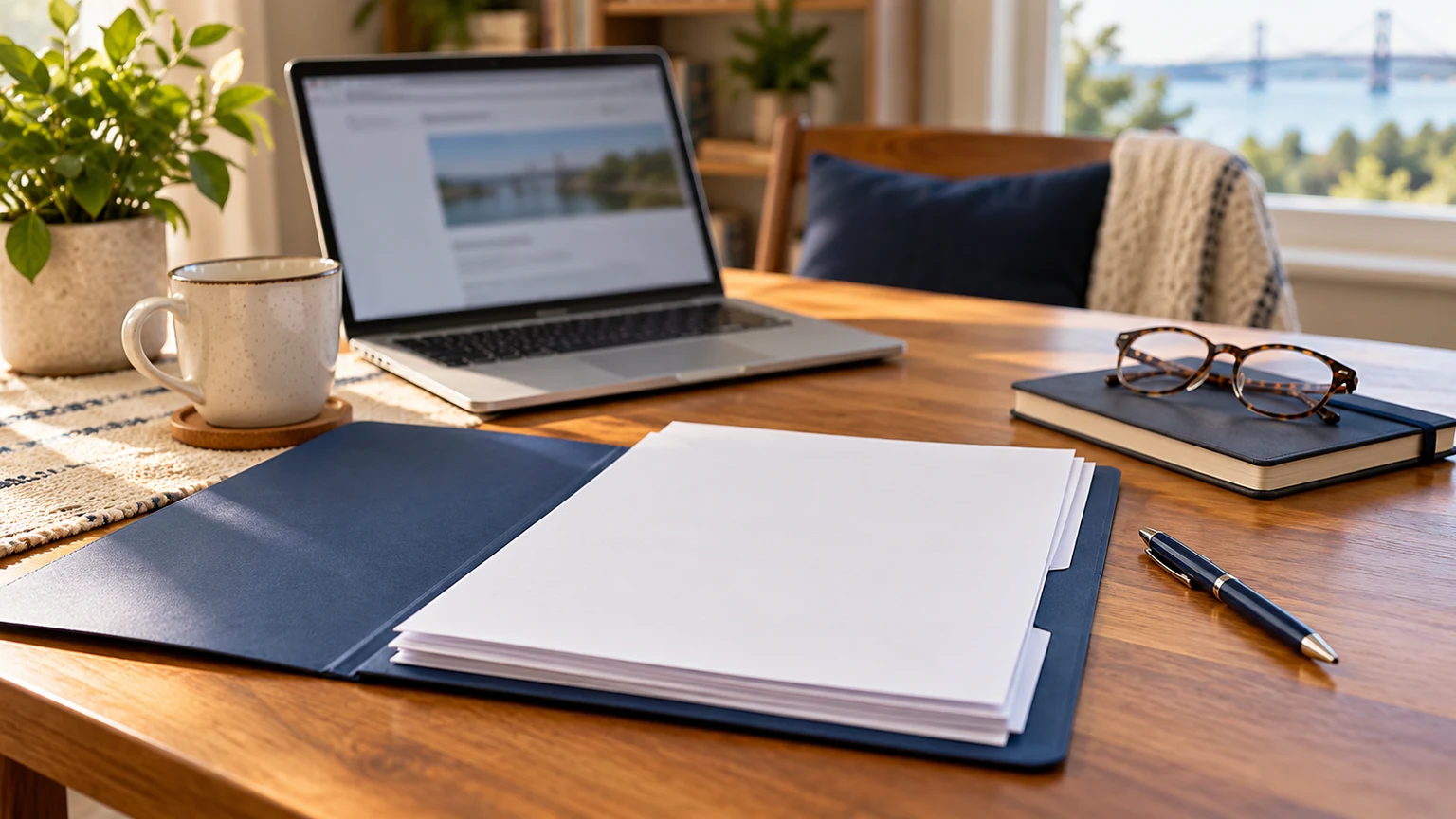 Blank paperwork and a laptop on a tabletop