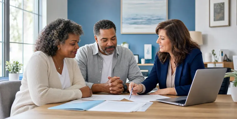 A licensed insurance professional reviewing health plan comparison papers with a Maryland couple