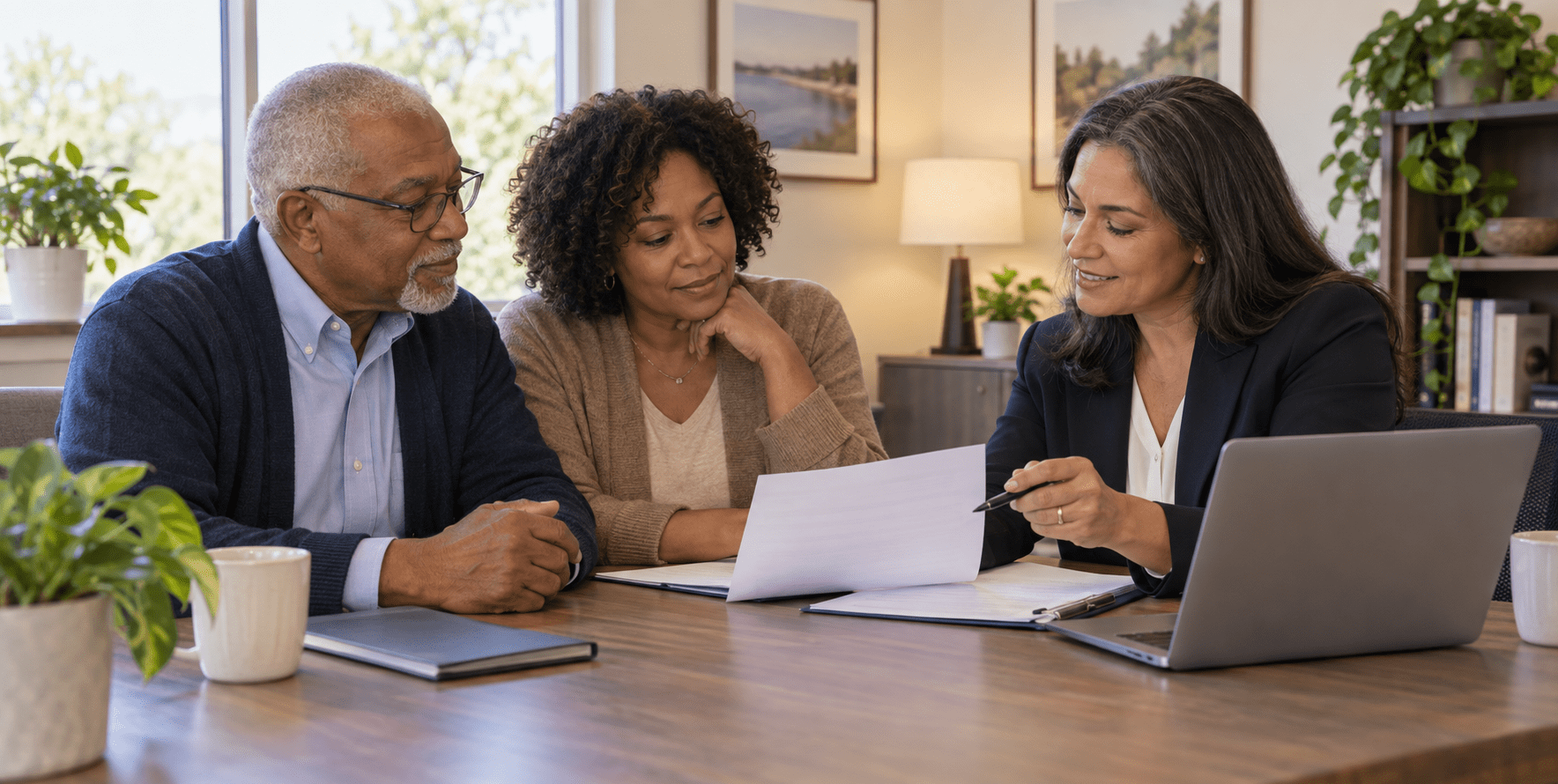 An older Maryland adult and family member organizing Medicare coverage questions with a licensed insurance agent