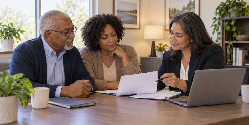 An older Maryland adult and family member organizing Medicare coverage questions with a licensed insurance agent