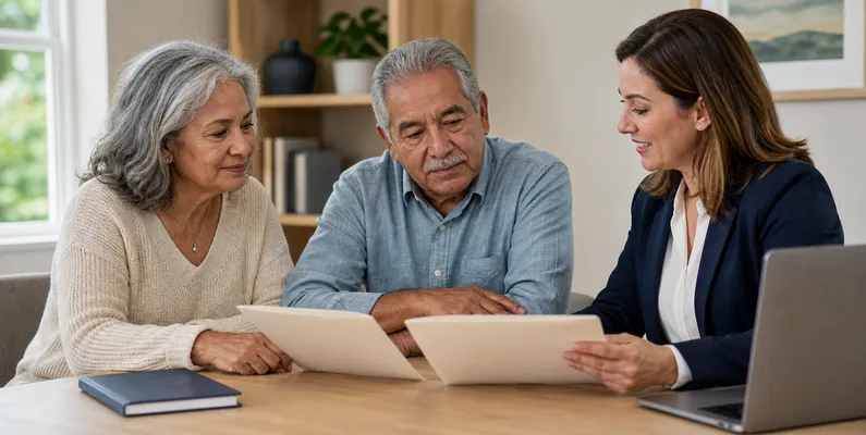An older Maryland couple comparing Medicare coverage notes with a licensed insurance professional