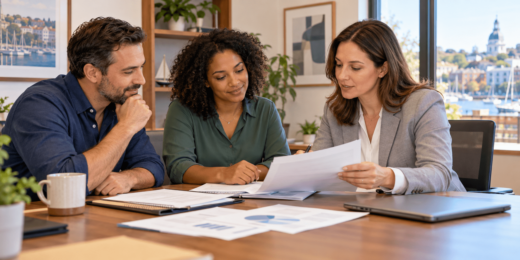 A Maryland small-business owner reviewing employee health coverage options with an insurance professional